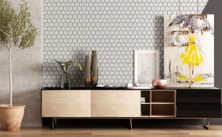 white mosaic tile in mid century modern living room